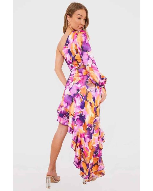 GEORGIA LOUISE Blue Floral Asymmetric Frill Maxi Dress