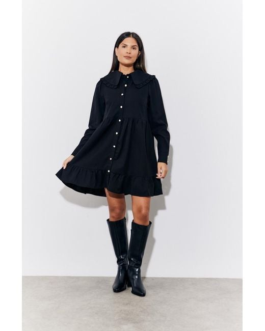 In The Style Black Peter Pan Collar Button Up Smock Mini Dress