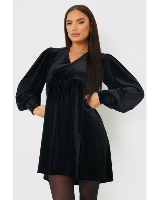 Perrie Sian Black Velvet Smock Mini Dress