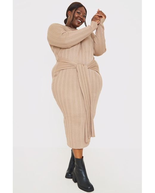 JAC JOSSA Brown Belted Rib Knitted Midi Dress