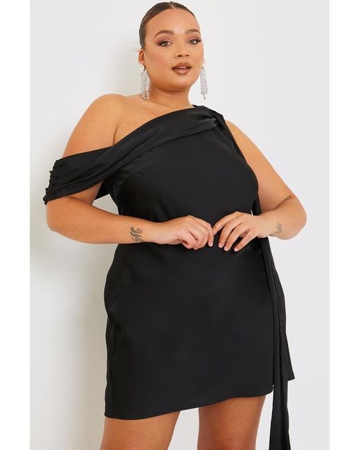 Terrie Mcevoy Black Satin Asymmetric Neckline Mini Dress