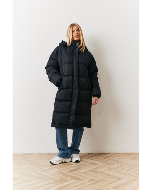 In The Style Blue Hooded Longline Popper Puffer Coat