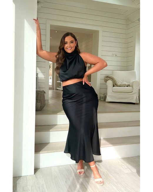 JAC JOSSA Satin Maxi Co Ord Skirt in Black Lyst UK