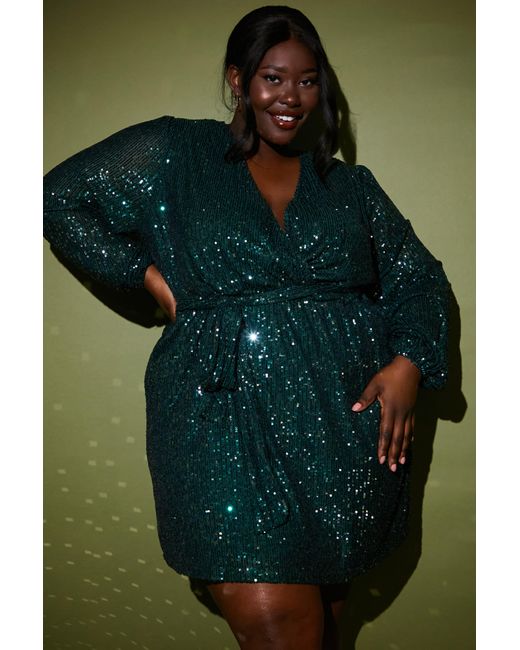 In The Style Sequin Wrap Balloon Sleeve Mini Dress in Black Lyst UK