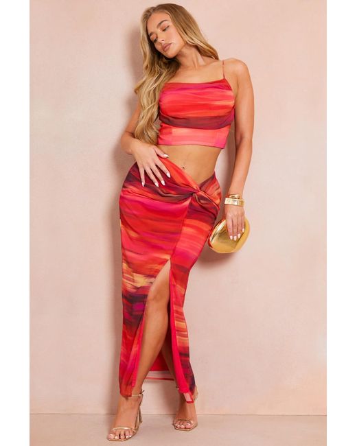 Perrie Sian Red Abstract Draped Cami Co-Ord Crop Top