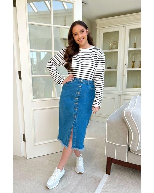 JAC JOSSA Button Front Raw Hem Denim Midi Skirt in Blue Lyst UK