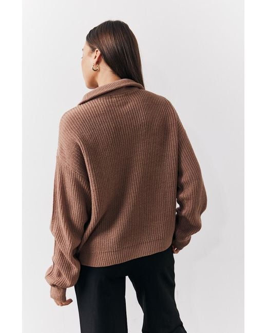 In The Style Brown Quarter Zip Knitted Jumper