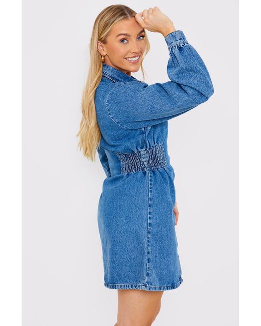 JAC JOSSA Blue Shirred Waist Denim Shirt Dress