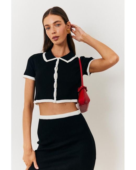 In The Style Natural Contrast Piping Knit Co Ord Crop Top