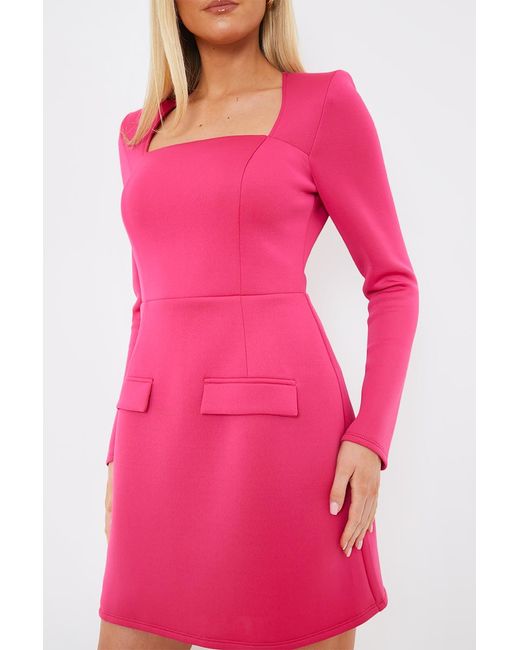 GEORGIA LOUISE Pink Square Neck Long Sleeve Structured Mini Dress