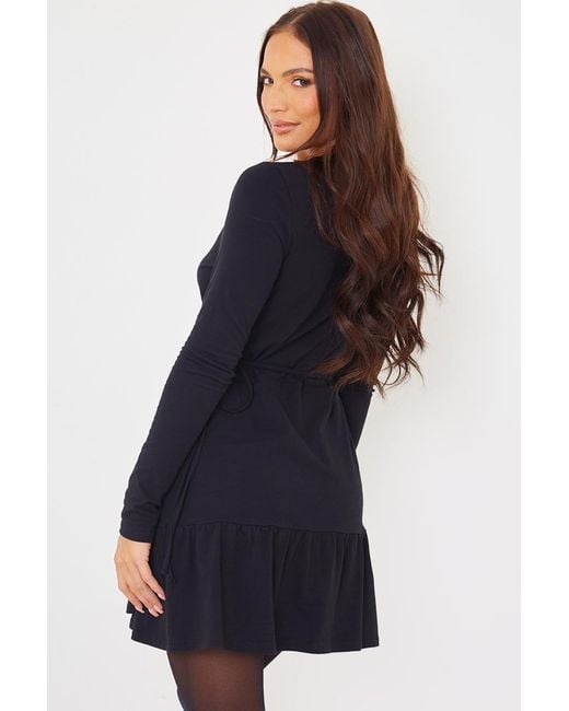 In The Style Black Wrap Neckline Long Sleeve Mini Dress