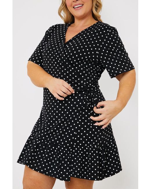 In The Style Black Polka Dot Print Short Sleeve Wrap Swing Dress