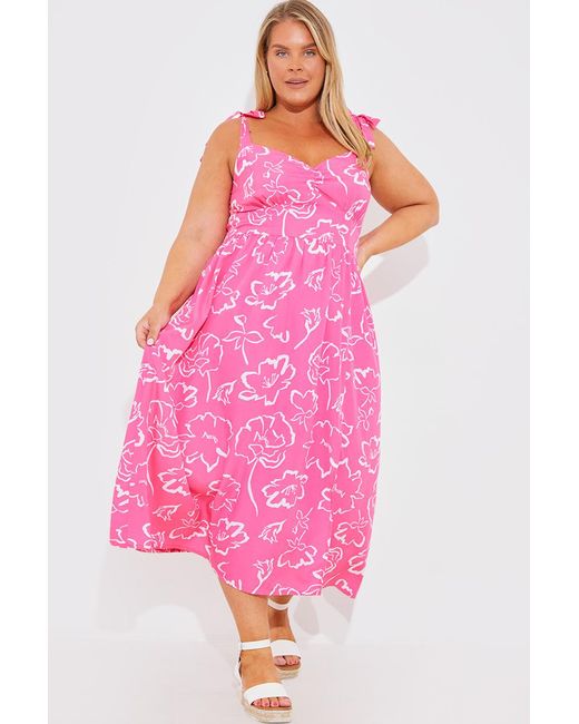 In The Style Pink Floral Tie Strap Detail Sweatheart Midi Dress