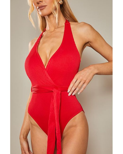 In The Style Red Contour Rib Wrap Front Functional Halter Tie Swimsuit