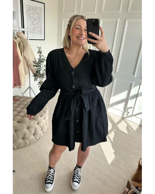 Black denim button dress hot sale