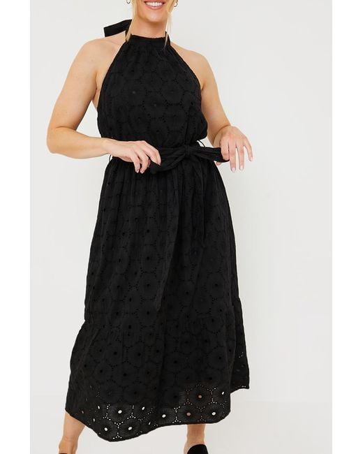 JAC JOSSA Black Broderie Halterneck Belted Midi Skater Dress