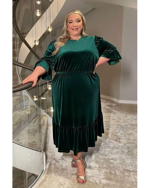 Jess Millichamp Green Velvet Frill Detail Midi Dress