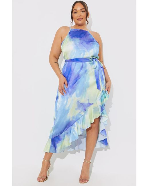 Perrie Sian Blue Racer Neck Abstract Print Satin Frill Belted Midaxi Dress