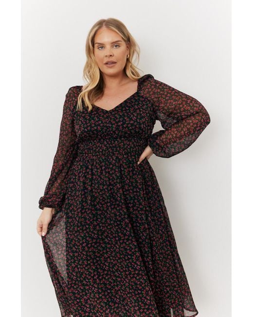 In The Style Black Floral Print Chiffon Milkmaid Midi Dress