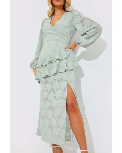 Perrie Sian Green Jacquard Asymmetric Frill Wrap Midaxi Dress