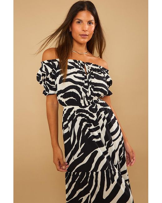 Stacey Solomon Black Recycled Zebra Print Bardot Tiered Tie Detail Maxi Dress