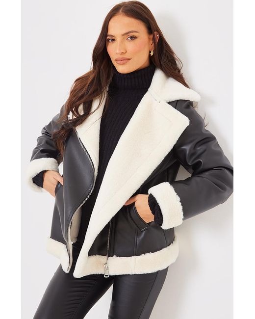In The Style Leather Look Faux Fur Lined Aviator Jacket in Black Lyst UK