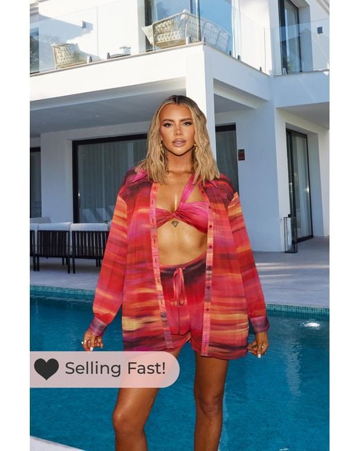 Perrie Sian Red Ombre Print Chiffon Co-Ord Beach Shirt