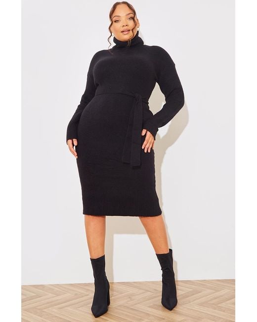 In The Style Black Knitted Roll Neck Belted Jumper Midaxi Dress