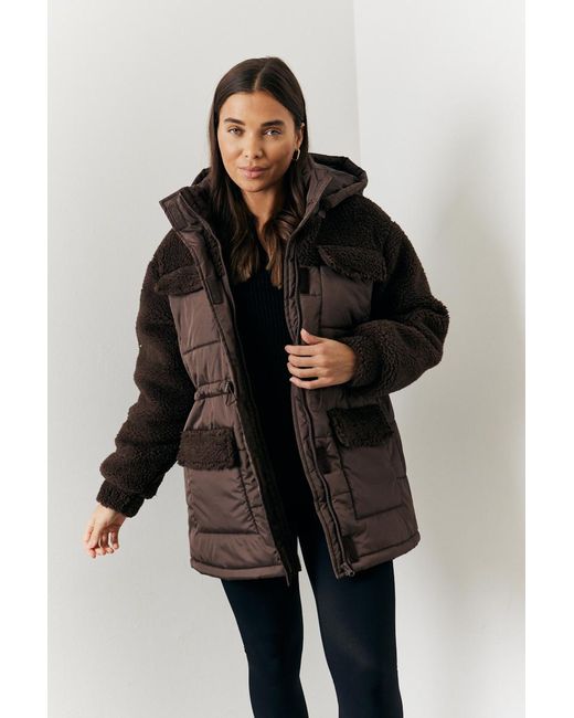 Perrie Sian Brown Detachable Hood Borg Puffer Coat