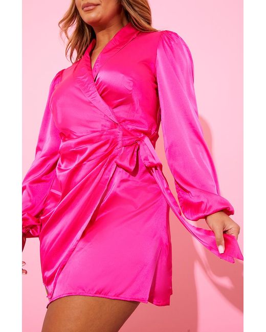 In The Style Pink Satin Wrap Shirt Dress