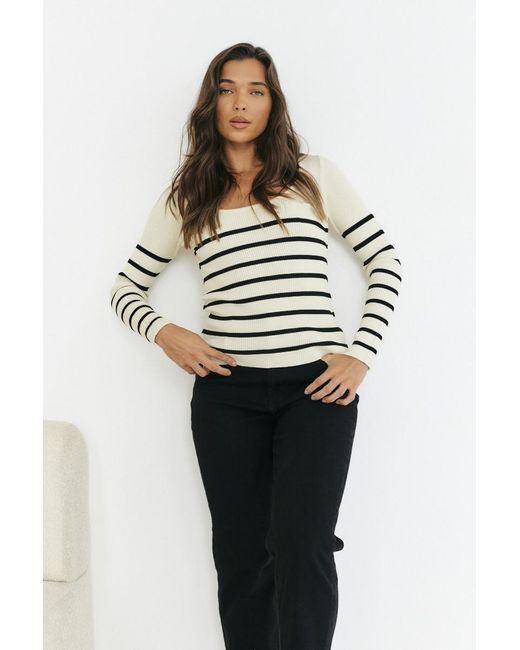 In The Style Black Rib Knit Stripe Scoop Neck Long Sleeve Top