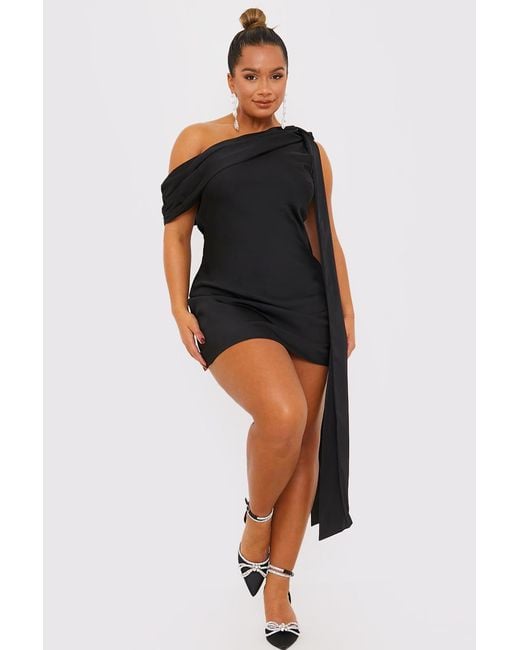 Terrie Mcevoy Black Satin Asymmetric Neckline Mini Dress