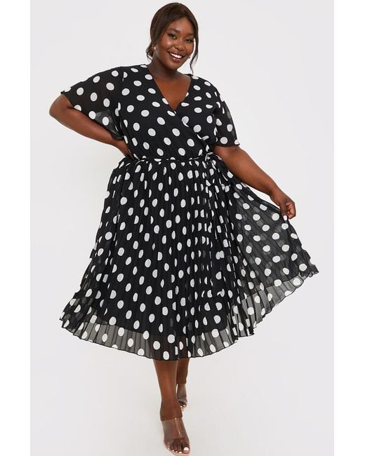 JAC JOSSA Gray Polka Dot Print Pleated Wrap Midi Dress