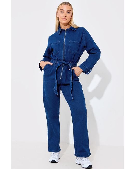 In The Style Blue Zip Up Denim Boilersuit