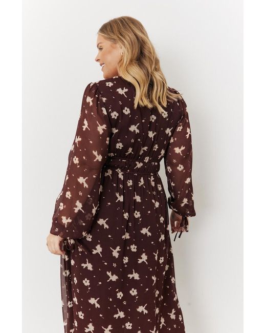 In The Style Brown Floral Print Chiffon Tie Front Balloon Sleeve Midi Dress