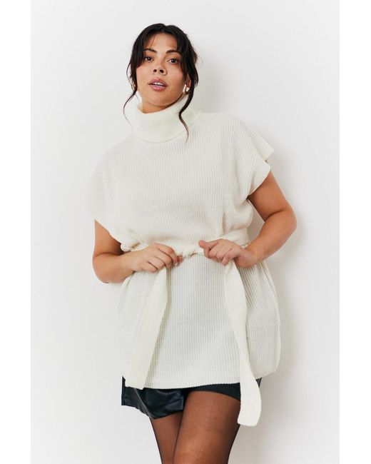 In The Style Natural Roll Neck Belted Knit Longline Jumper