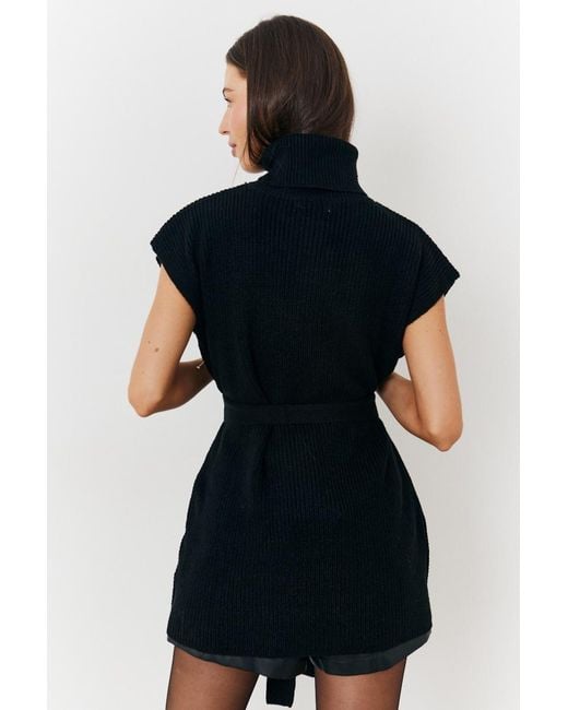 In The Style Black Roll Neck Belted Knit Longline Jumper