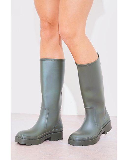 In The Style Green Chunky Calf-High Wellies