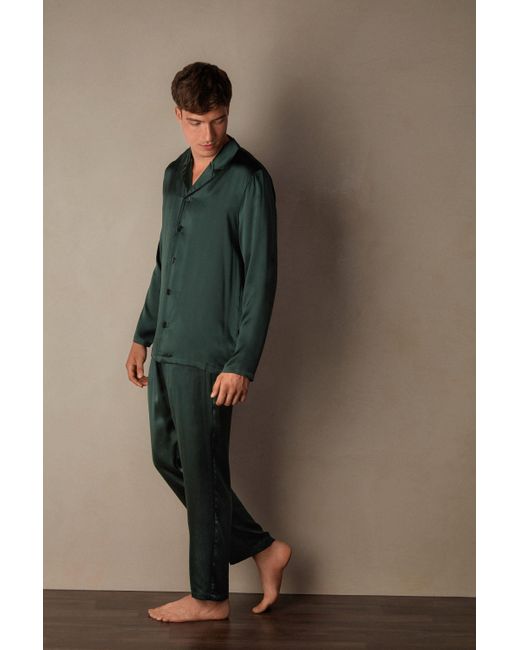 Intimissimi Long Silk Piped Pajamas in Green for Men | Lyst