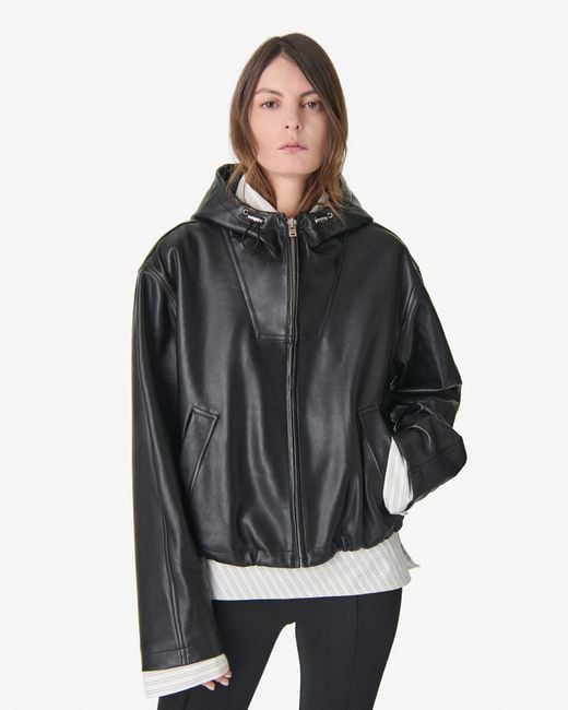 IRO Blue Leather Hooded Jacket
