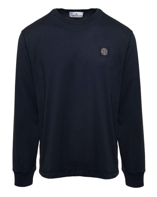 Stone Island Blue Long-sleeved T-shirt With Logo Patch In Cotton Man for men