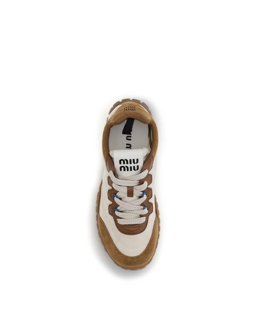 Miu Miu Metallic Fabric And Suede Sneakers Ivory-Caramel Upper Polyamide Trainers