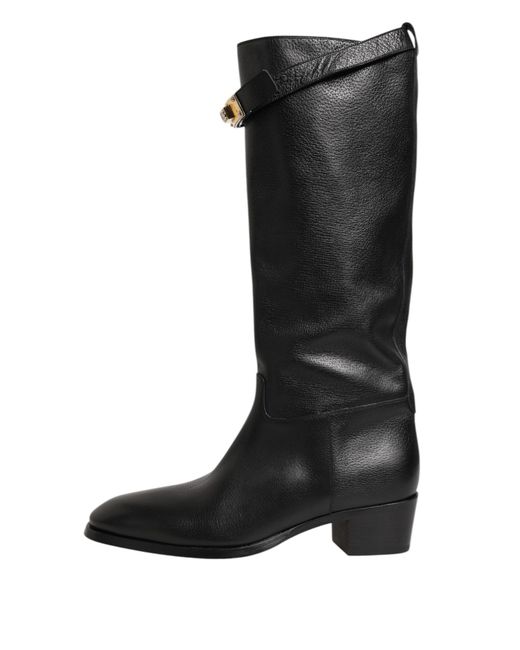 Dolce & Gabbana Black Kneehigh Leather Boots Block Heel for men