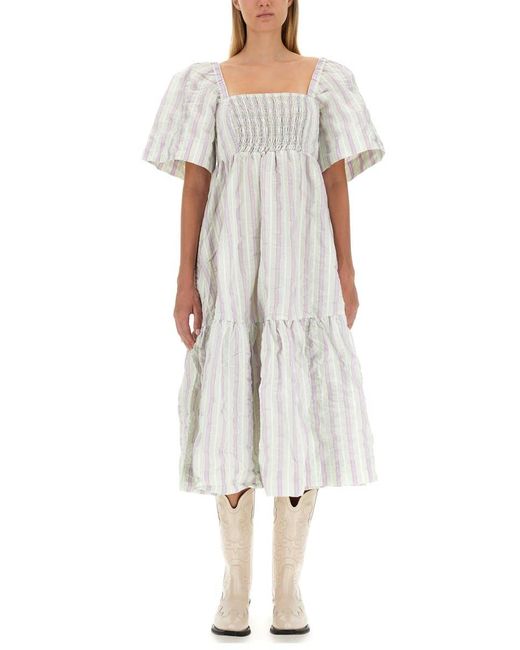 Ganni White Dress With Stripe Pattern