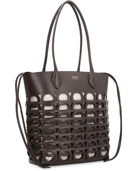 Ferragamo Black Tote Bag Gancini M Calf Leather; Lining: Linen
