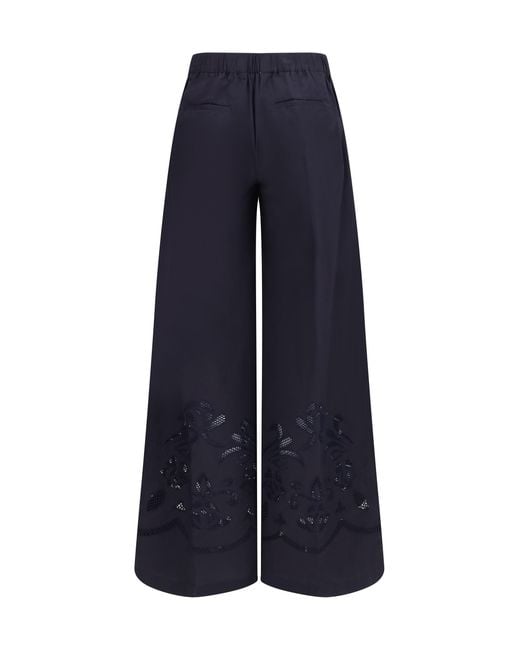 Forte_forte Blue Embroidered Cotton Pants Cotton; Silk