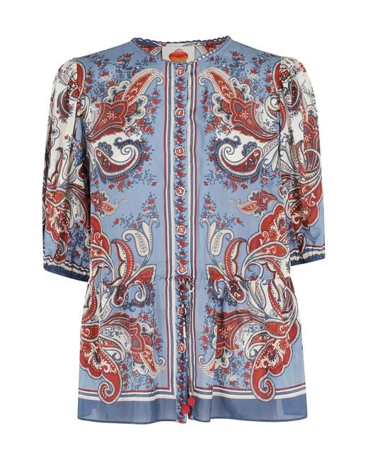 Farm Rio Blue Paisley Scarf Cream Blouse Cotone Maglia