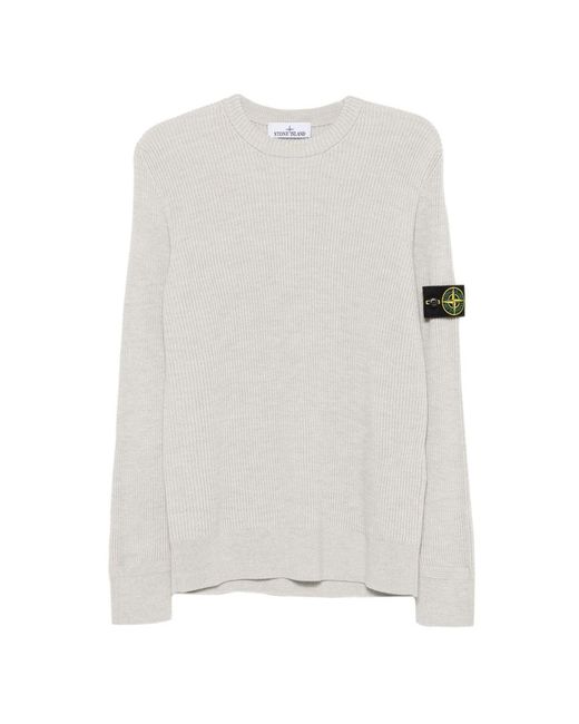 Stone Island White Melange Sand Ribbed Rws Wool Crewneck Sweater With A Logo Badge for men