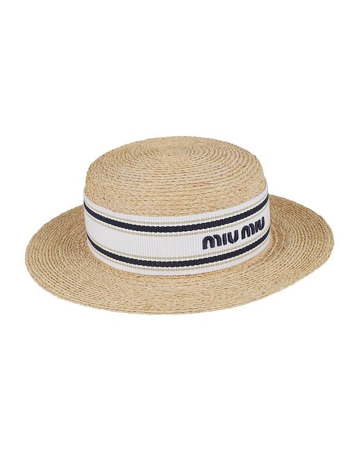 Miu Miu White Stripe Logo Embroidered Woven Hat