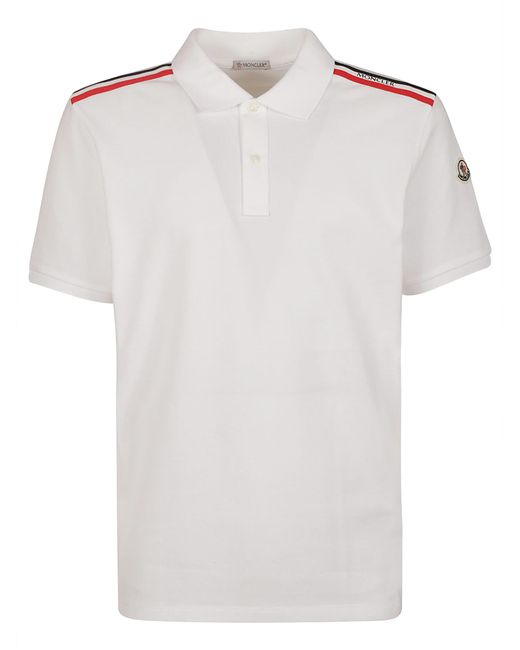 Moncler White Stripe Shoulder Logo Patched Polo Shirt for men